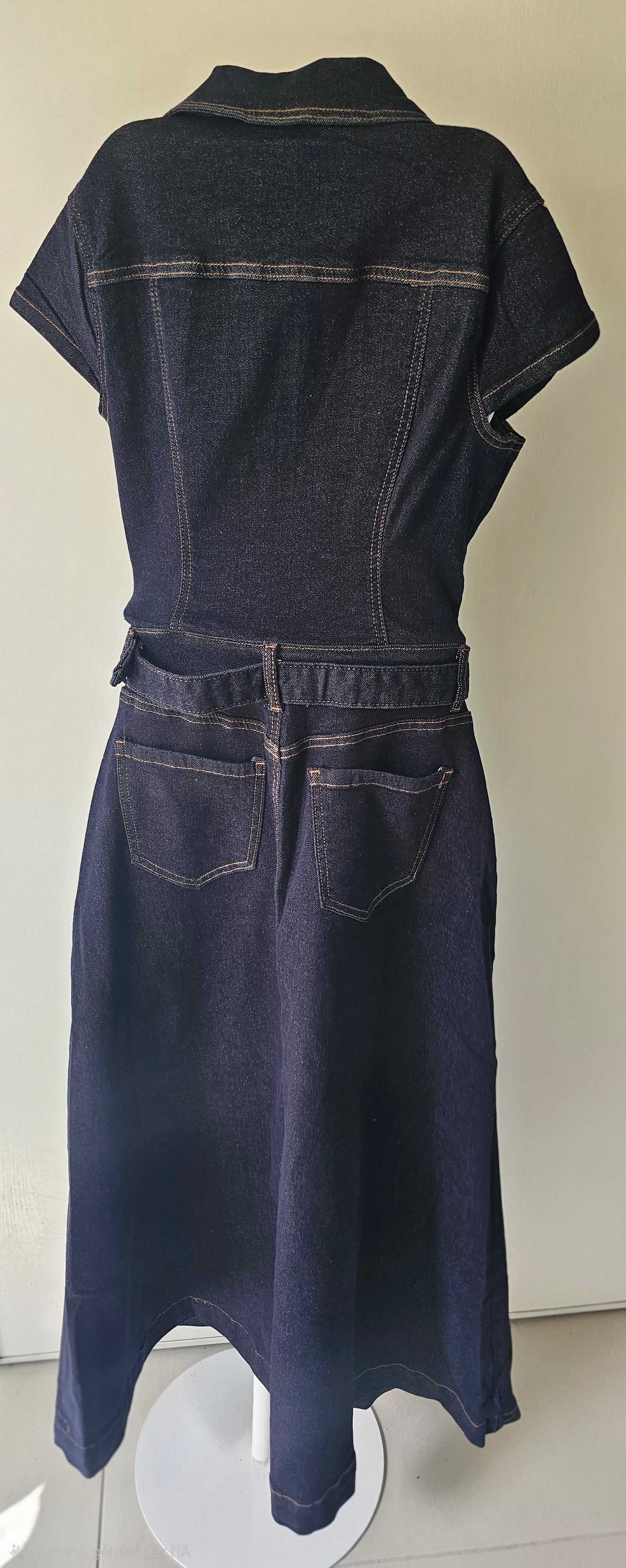 Robe Longue en Jeans Manches Courtes & Ceinture Dorée