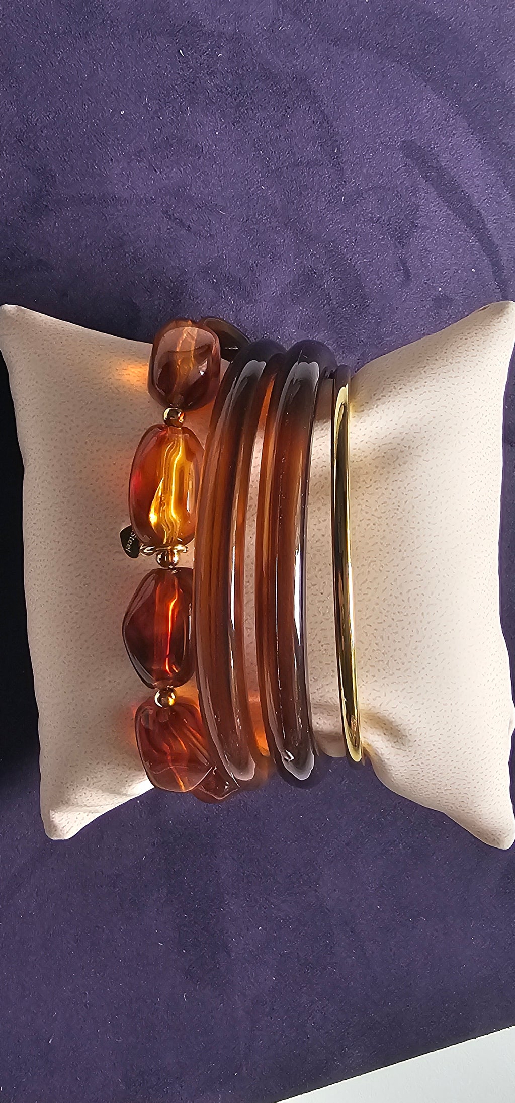 Set de 4 Joncs – Écaille Tortue, Perles Ambre & Doré