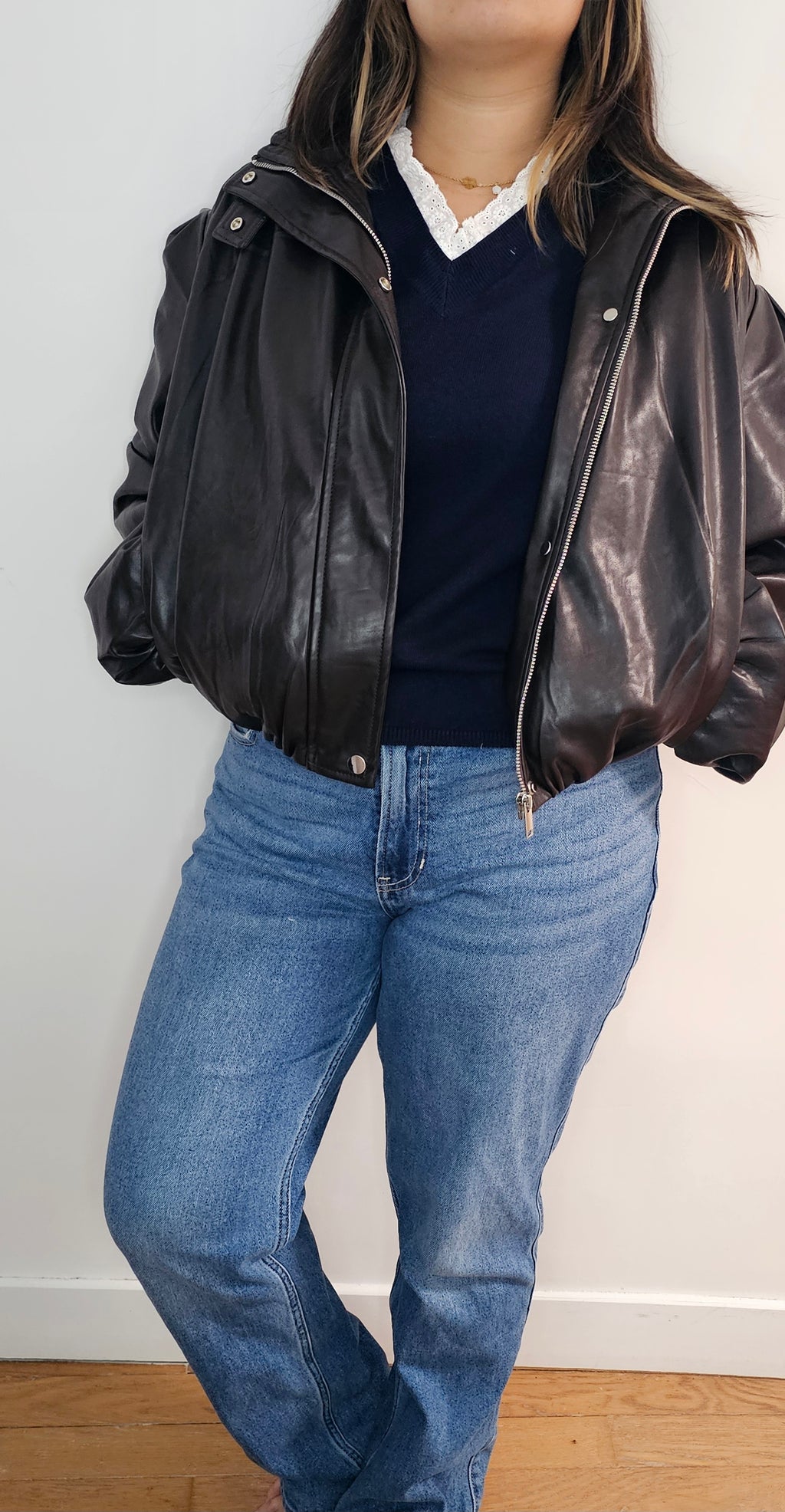 Veste Bomber Simili Cuir Oversize Marron