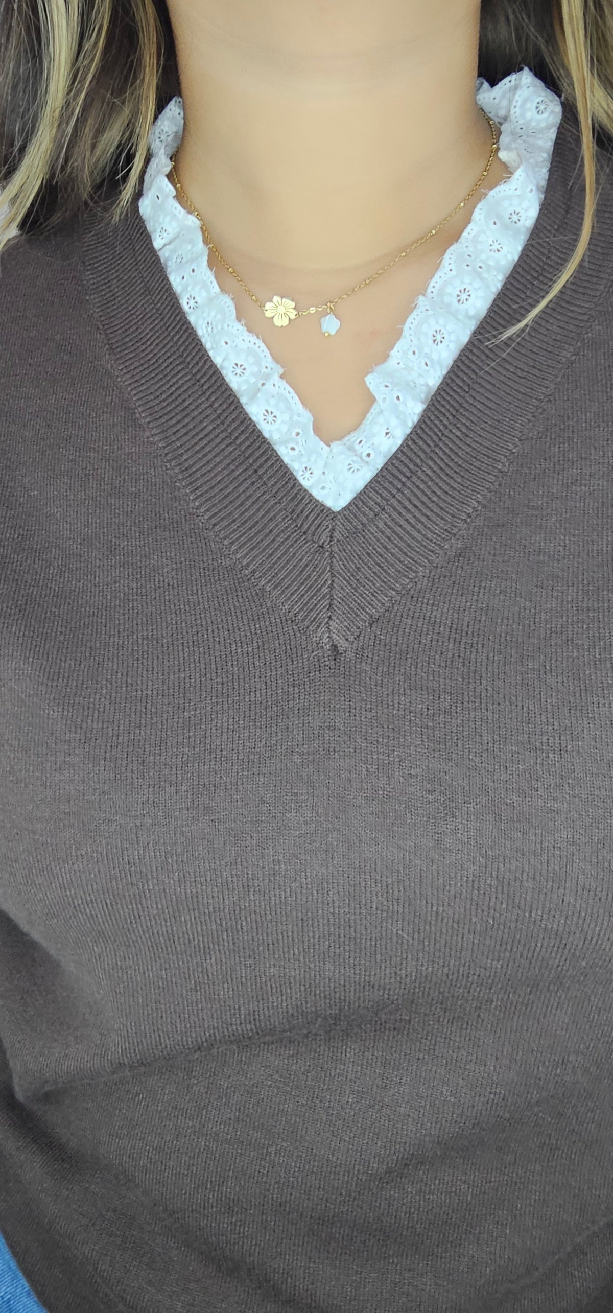 Pull Marron Col V Broderie Anglaise