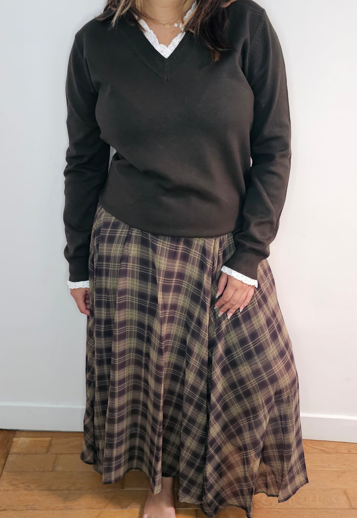 Jupe Longue Voile Tartan Kaki Taille Élastique