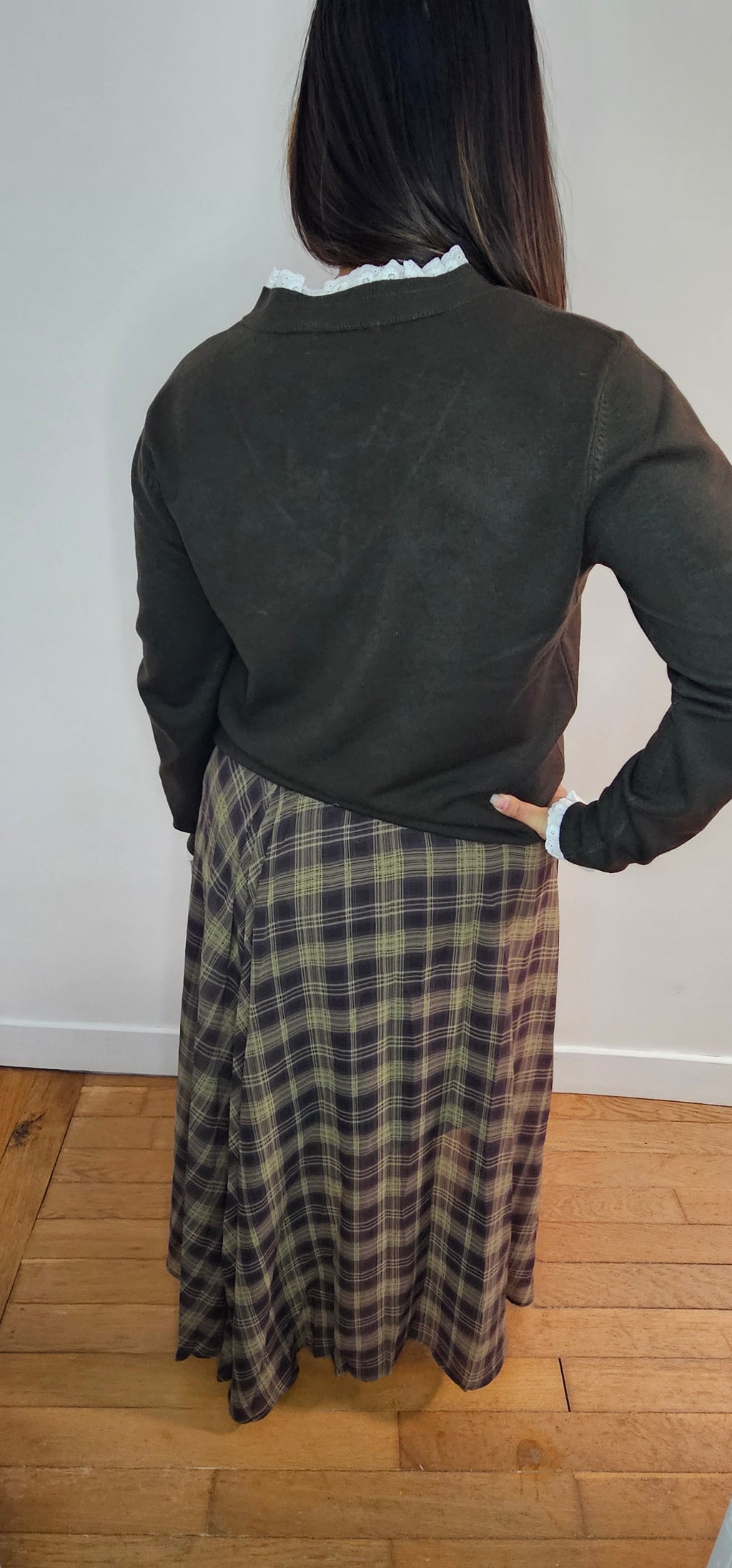 Jupe Longue Voile Tartan Kaki Taille Élastique