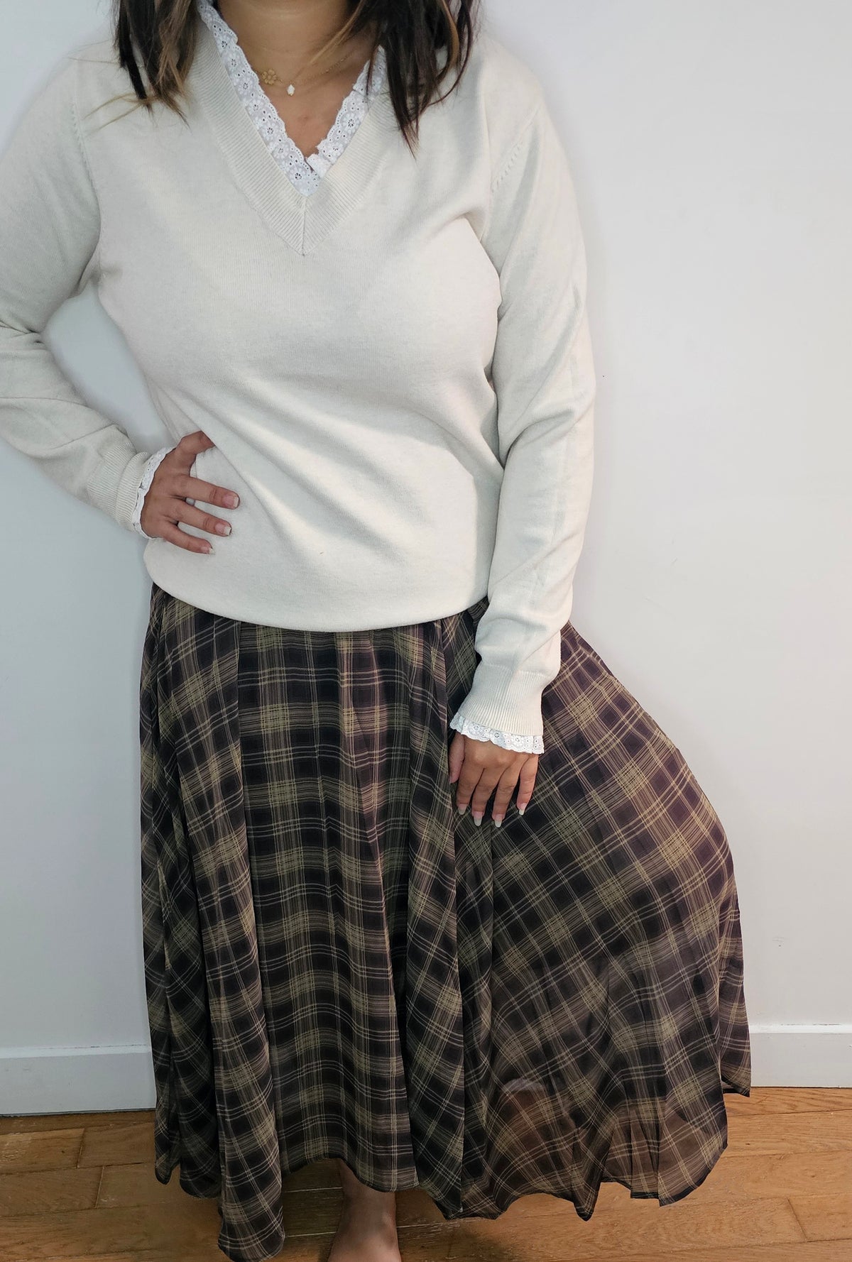 Jupe Longue Voile Tartan Kaki Taille Élastique