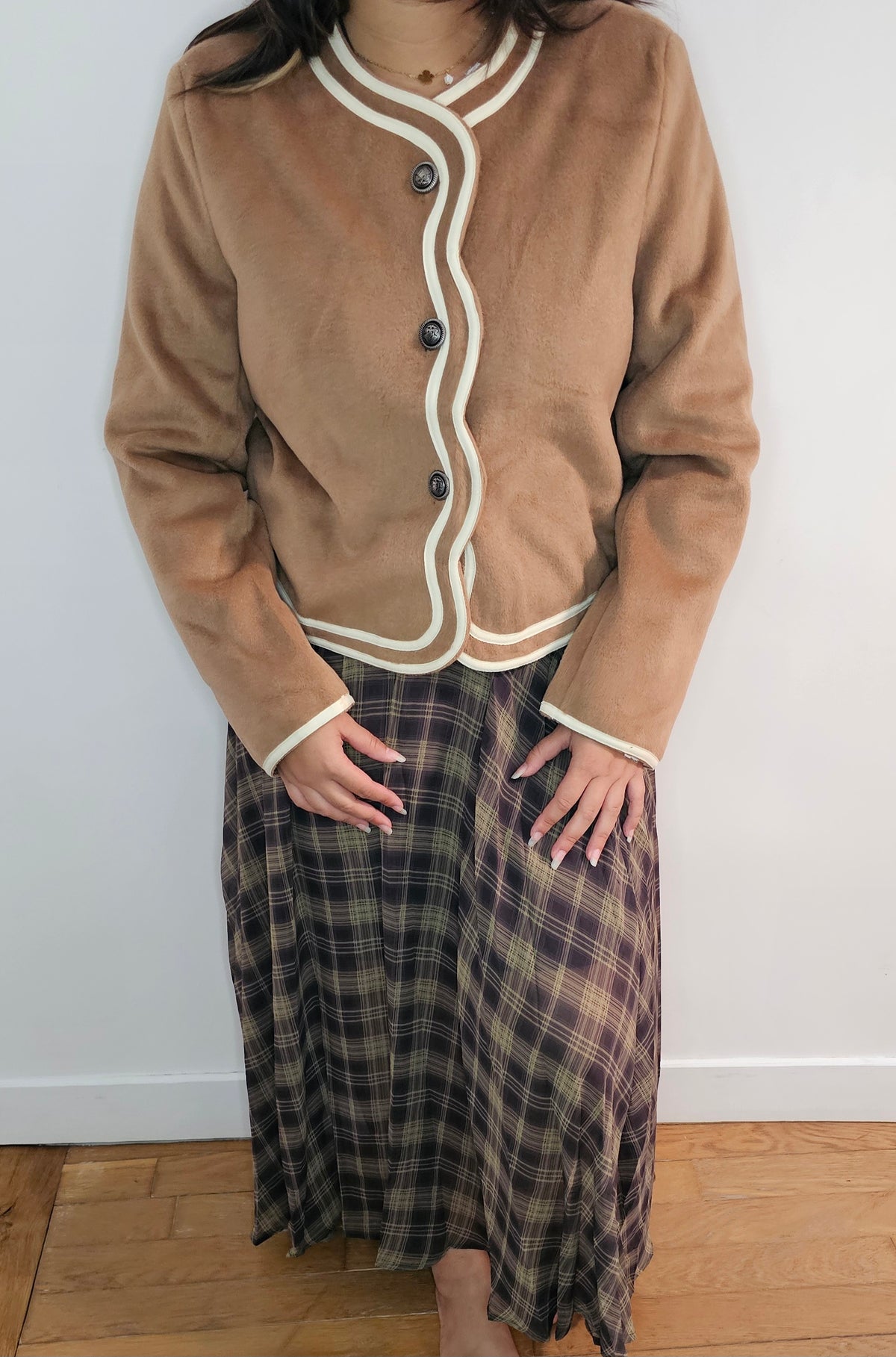 Veste Douce Camel Bordures Ondulées
