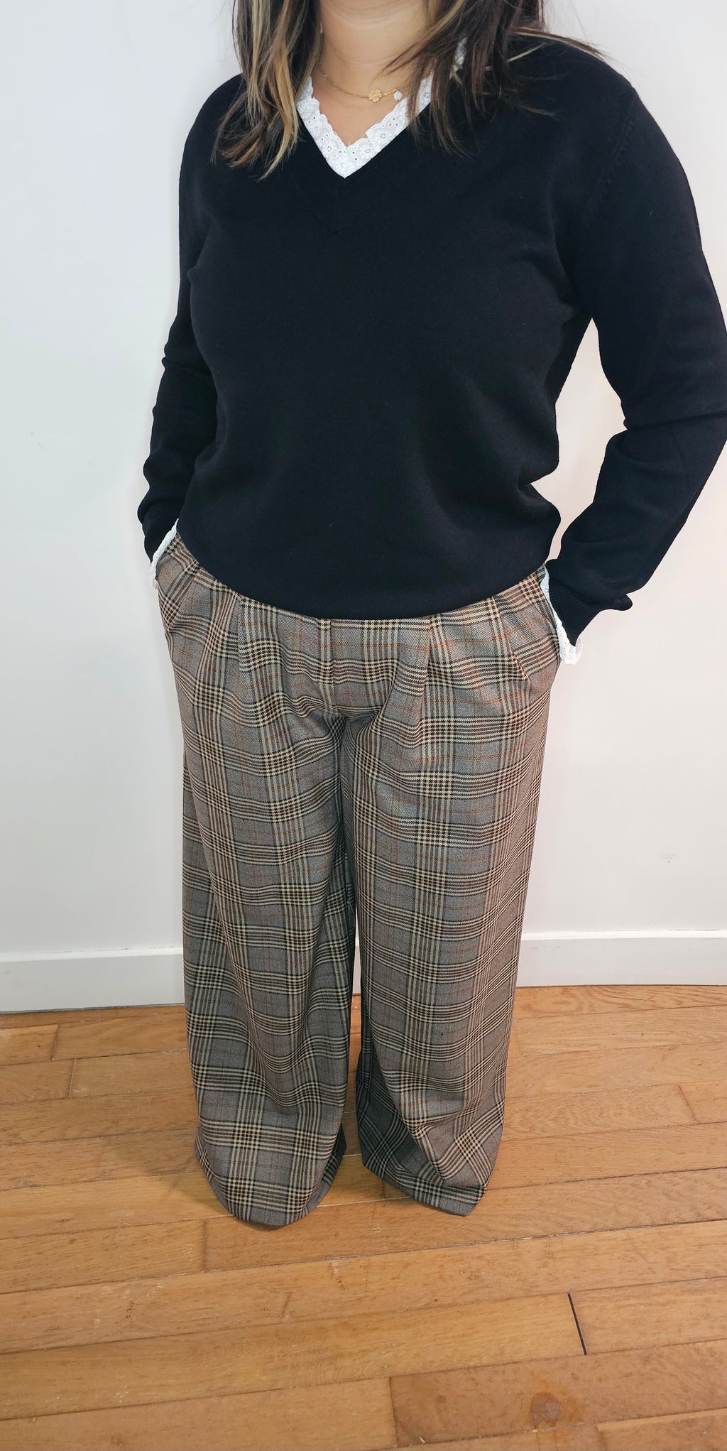 Pantalon Large Carreaux Prince de Galles Marron