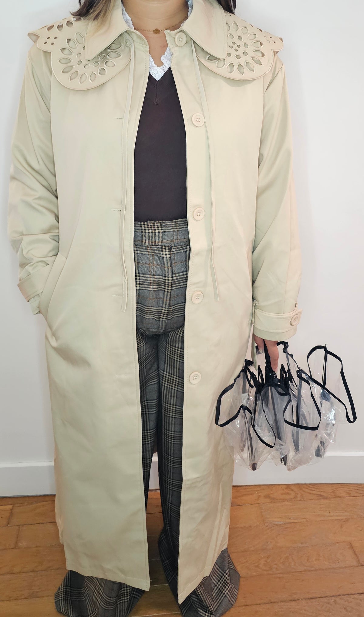 Trench Coat Beige Col Broderie Anglaise Amovible