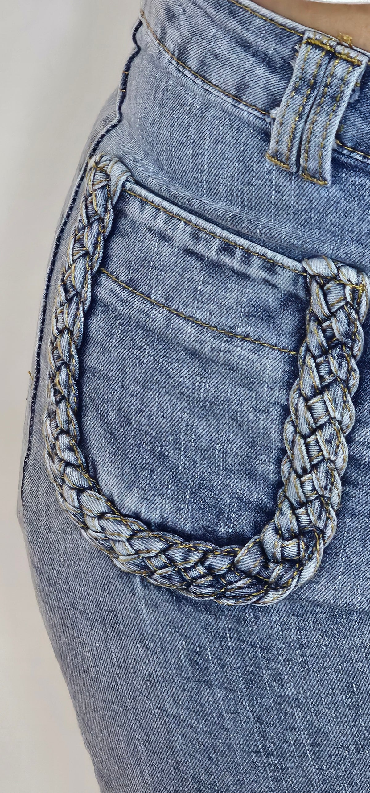 Jean Bootcut Poches Tressées Bleu Délavé