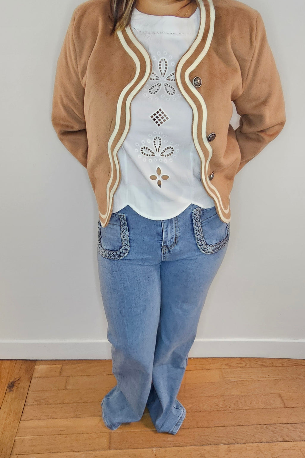 Veste Douce Camel Bordures Ondulées