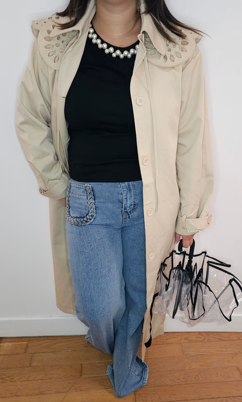 Trench Coat Beige Col Broderie Anglaise Amovible