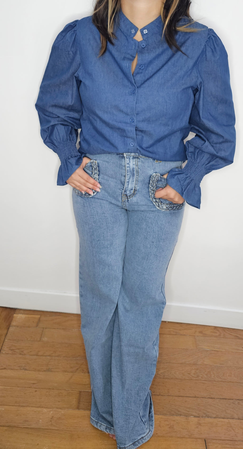 Jean Bootcut Poches Tressées Bleu Délavé