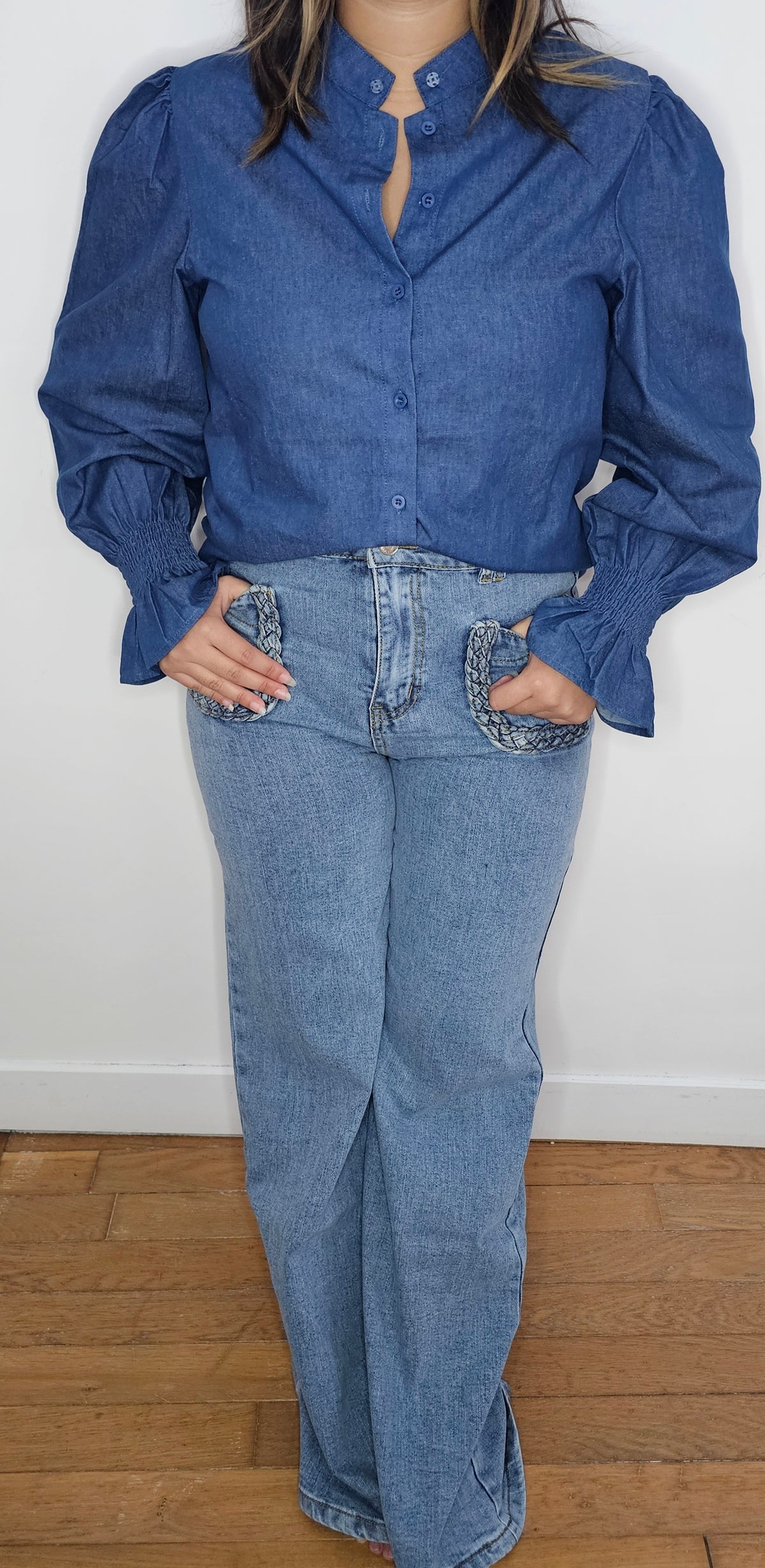Blouse Denim Bleu Col Lavallière Amovible Manches Bouffantes