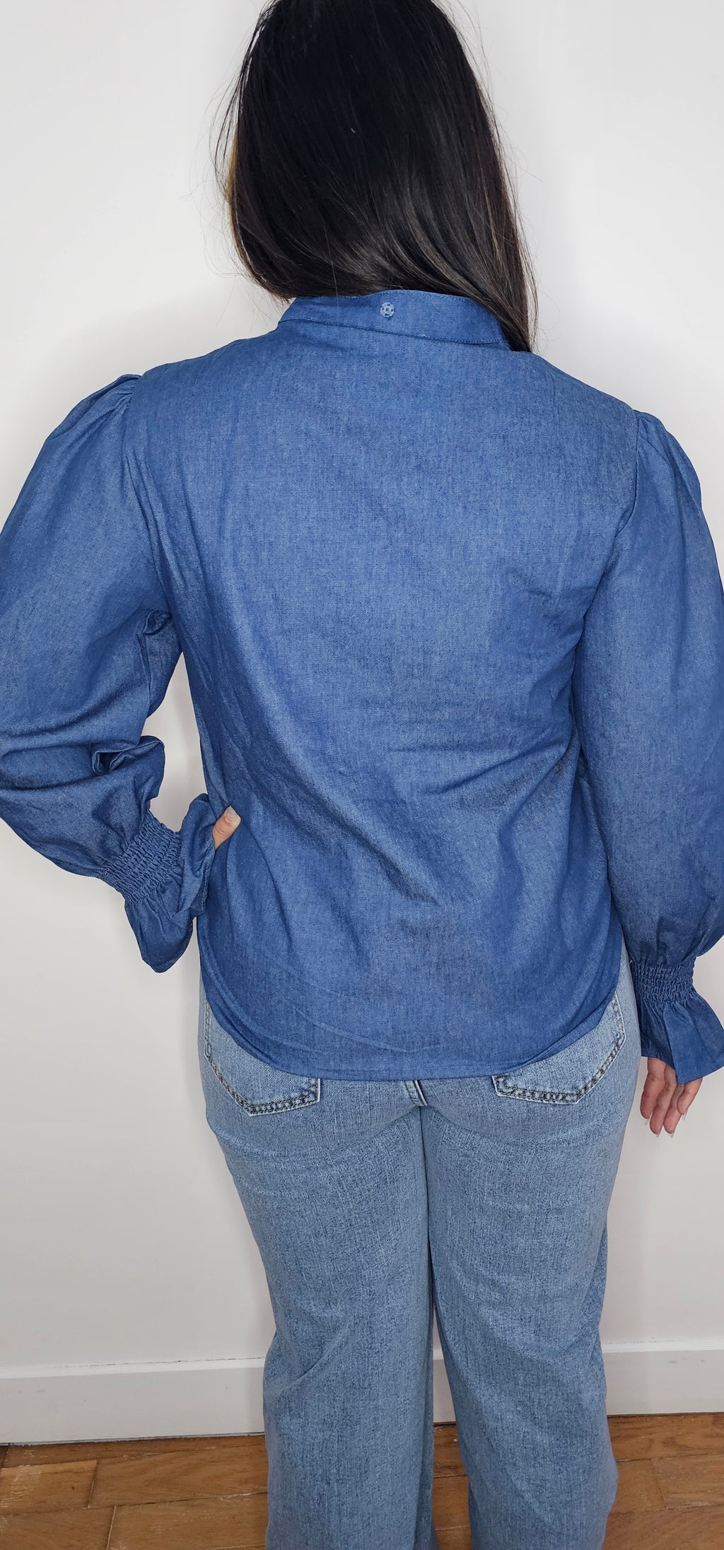 Blouse Denim Bleu Col Lavallière Amovible Manches Bouffantes