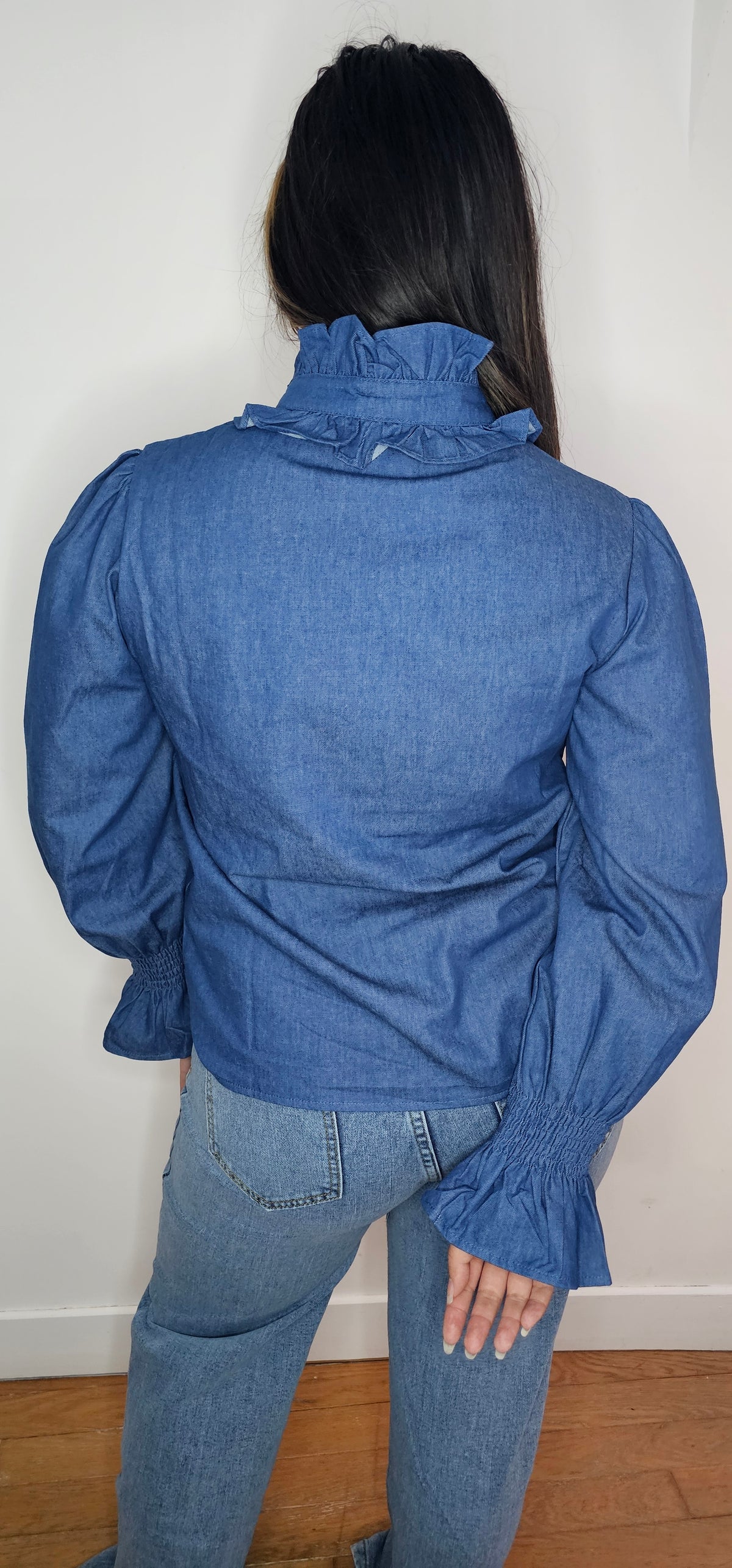 Blouse Denim Bleu Col Lavallière Amovible Manches Bouffantes