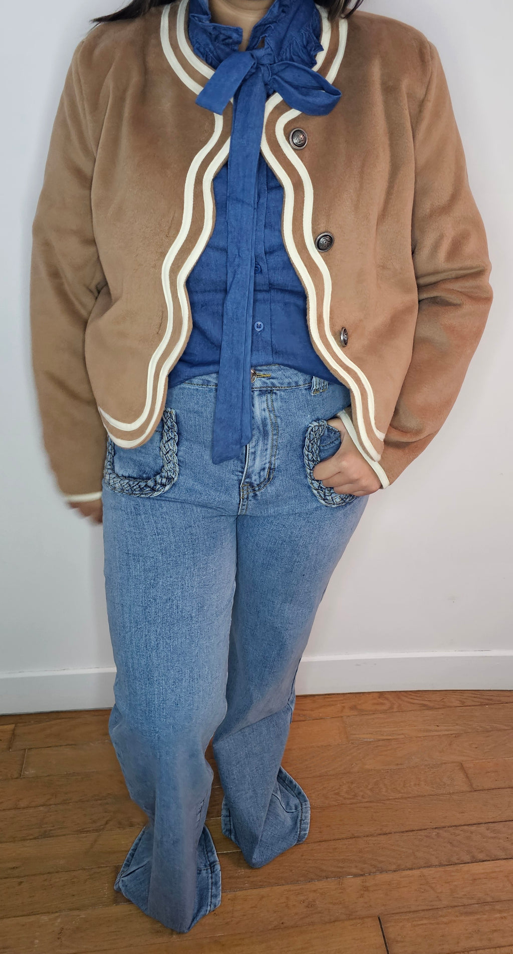 Veste Douce Camel Bordures Ondulées