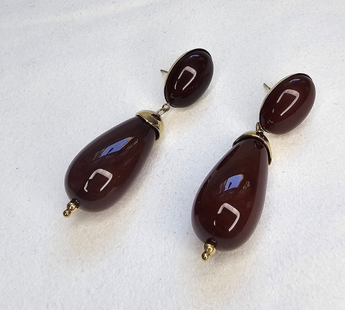 Boucles d'Oreilles Pendantes Cabochon Marron & Goutte Dorée
