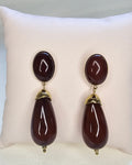 Boucles d'Oreilles Pendantes Cabochon Marron & Goutte Dorée