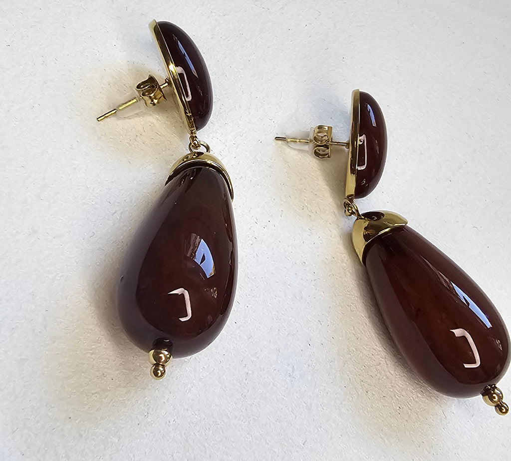 Boucles d'Oreilles Pendantes Cabochon Marron & Goutte Dorée