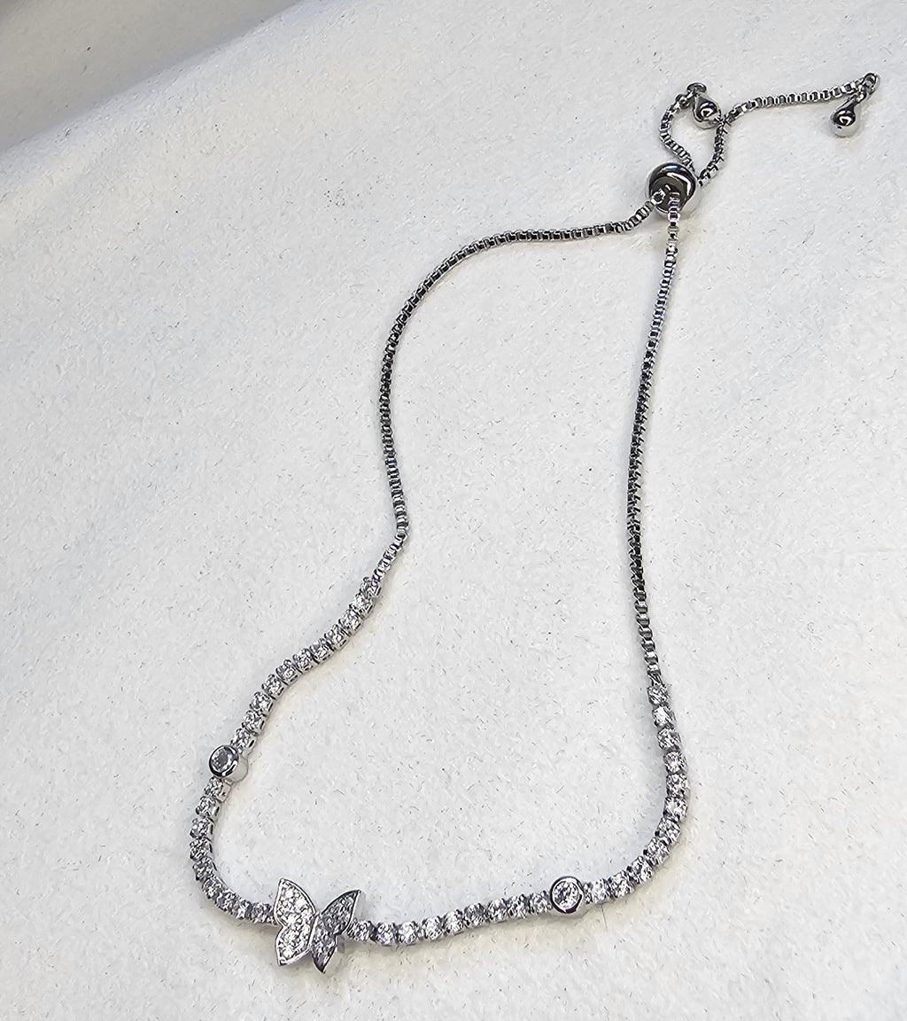 Bracelet Argenté – Papillon Pavé Strass & Zirconium Sans Nickel
